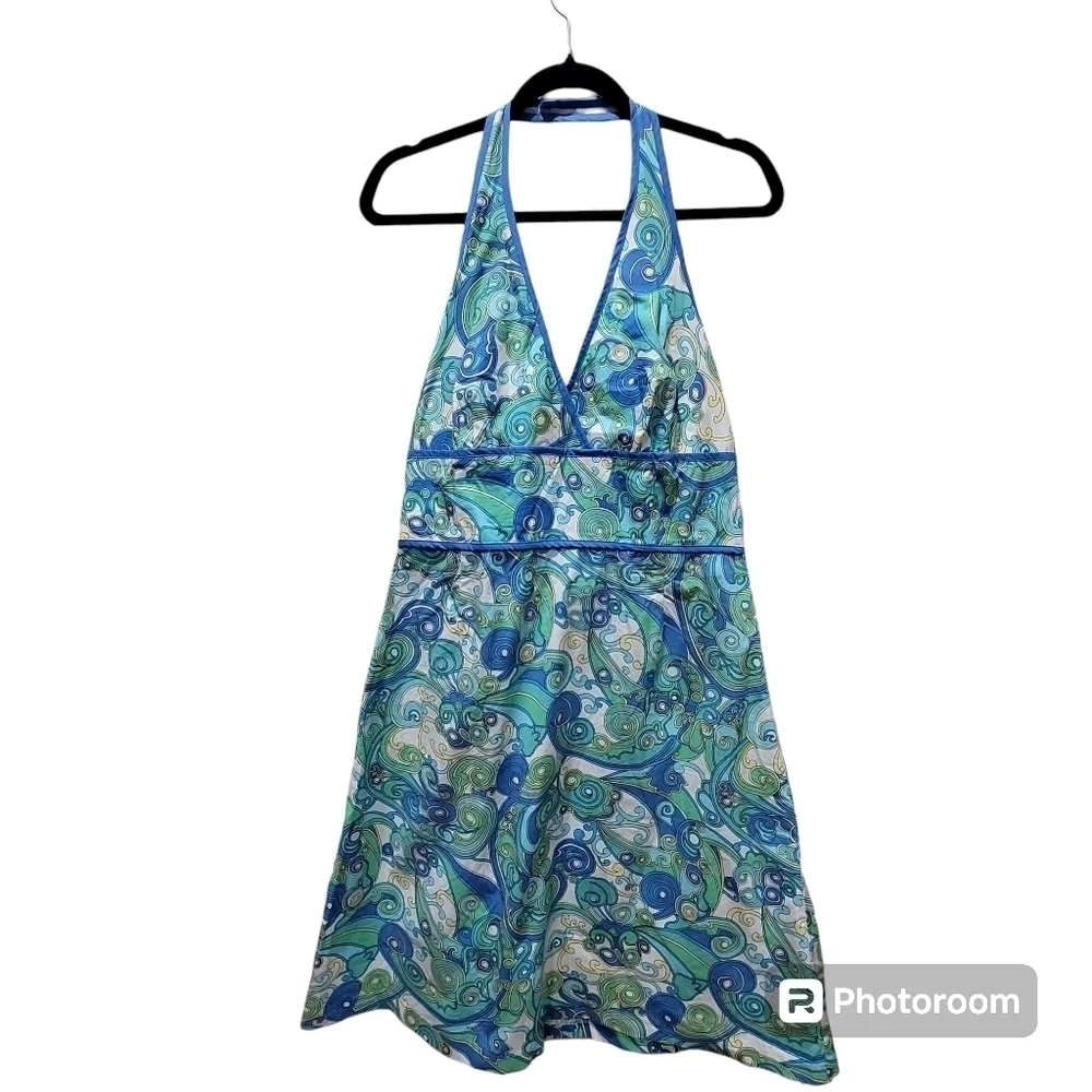 Large / 12 New York & Company Cotton Blend Paisley Halter Dress | Boho Summer - Picture 3 of 8